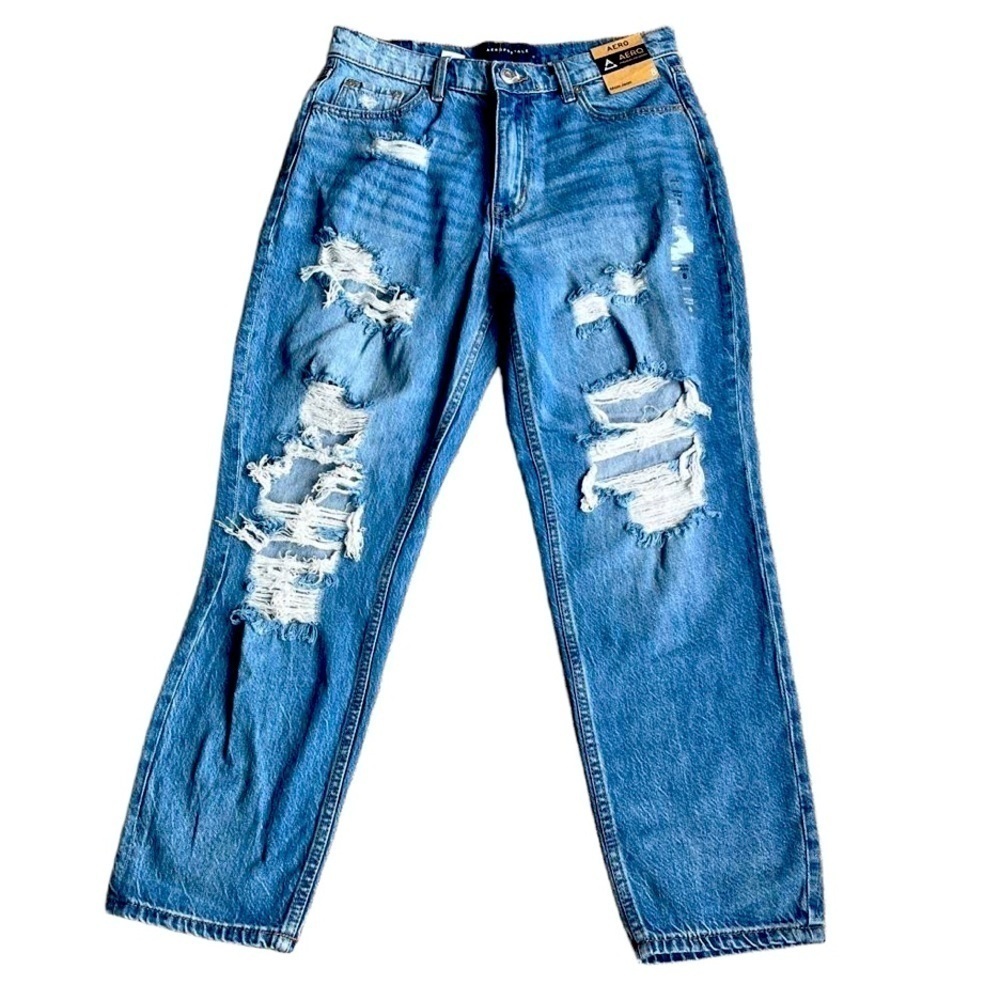 Aeropostale High Rise Mom Jeans Destroyed Look Medium Wash